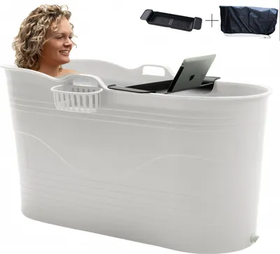 Produktbild von HelloBath® - Bath Bucket XL (Komfort) - Weiß - 125cm, Sitzbad für Erwachsene, Eisbad + 3m Abflussschlauch, Wannenbrett, Wasserhahn, Schutzhülle