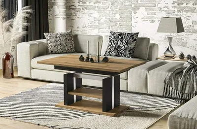 A modern living room scene featuring a couch, coffee table, and lamp.