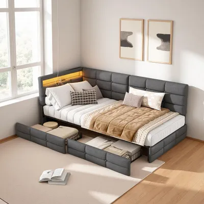 Produktbild von INONEFT Polsterbett Schlafsofa 90x200 cm mit LED Beleuchtung, Type-C und USB Anschlüsse, Einzelbetten mit 2 Schubladen, ohne Matratze, Leinen, Grau