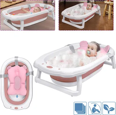 Image de XINZI Baignoire pliable pour bébé Baignoire pour enfant Baignoire de douche pour bébé avec coussin de bain ergonomique Peu encombrante Antidérapante Baignoire Rose