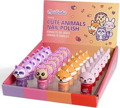 A display box filled with cute animal-themed nail polish bottles.
