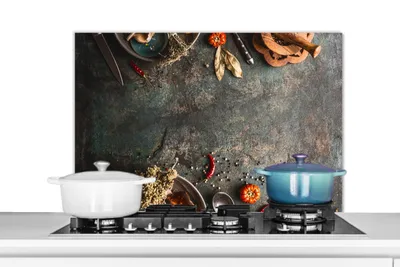 Produktbild von KitchenYeah®  Spritzschutz Küche - Küchenrückwand - Wandschutz für Herd und Spüle - Marmor - Gemüse - Herbst - Kürbis - Rustikal - Kräuter 90x60 - Alu-Dibond (Alternative zum Spritzschutz aus Glas) -