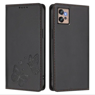 Produktbild von Lederhülle für Motorola Moto G32, Schmetterling Prägung Leder Brieftasche Schutzhülle mit Ständer Schwarz