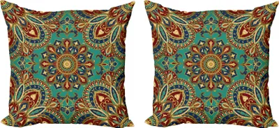 Produktbild von ABAKUHAUS Mandala Kissenbezug Set (2Stück), Muster Mit Mandala Style Östlichen Mittelalterlichen Arabesque Oriental Ethnic, 50 x 50 cm, Teal Indigo Rubin