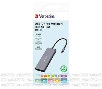 Produktbild von Verbatim 16105448, USB Typ-C, HDMI, VGA, RJ-45, USB 2.0, USB 3.2 Gen 1 (3.1 Gen 1) Type-A, USB 3.2 Gen 1 (3.1 Gen 1) Type-C, 3.5mm, SD, MicroSD (TransFlash), Grau, 85 W, 0,201 m