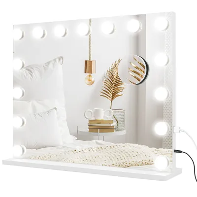 Produktbild von Hollywoodské zrcadlo HOMCOM s osvětlením, kosmetické zrcadlo s 15 LED světly, stmívatelné kosmetické zrcadlo s 10x zvětšením, nabíjecí port USB