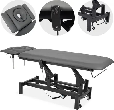 A collage of images showing a massage table and its features.