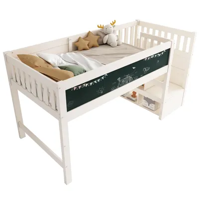Produktbild von Kinderbett Hochbett mit Whiteboard&Tafel,Speicherung und Rausfallschutz 90 x 200 cm, Weiss Hochbett für Kinder– Lattenrost- Weiß(Ohne Matratze)