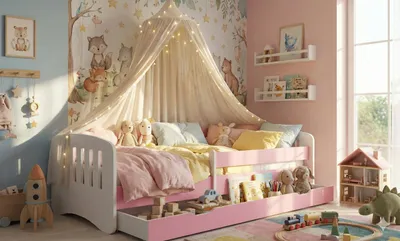 Produktbild von Happy Babies Kinderbett – mit Matratze, Schublade und Sicherheitsgitter, 80 x 160 cm, Mädchen- und Jugendbett, Jungenbett, mit Herzausschnitt