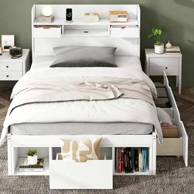 Produktbild von okwish Jugendbett Klassische Betten 90x200cm mit USB-port & Schubladen & Stauschrank, Plattformbett Holzbett Kiefer Bettgestell mit Lattenrost(ohne Matratze)-weiß