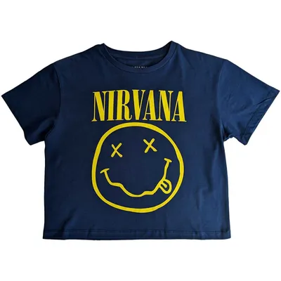 Produktbild von Nirvana Yellow Happy Face Flower Sniffin (Back Print) Denim Blue S Damen T-Shirt