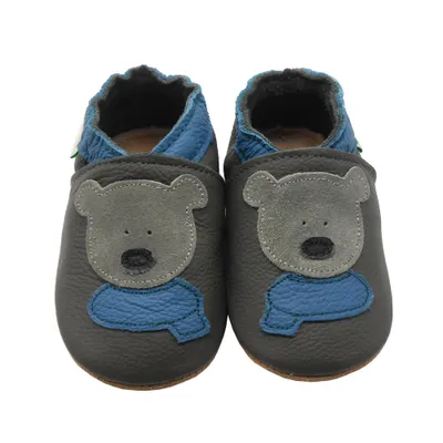 Produktbild von Weiche Yalion Baby Krabbelschuhe Lauflernschuhe Lederpuschen aus echtem Leder Bär schwarz ( 12-18 M, EU 21-22)