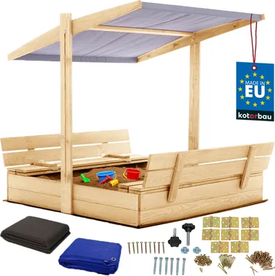 Produktbild von KOTARBAU® Sandkasten mit Abdeckung 120 x 120 cm Großer Natufarbe Holzsandkasten mit Grau Dach Sandkasten mit Deckel Sandkasten mit Dach Gartenspielzeug Kinder imprägniert verschließbar mit Bänken