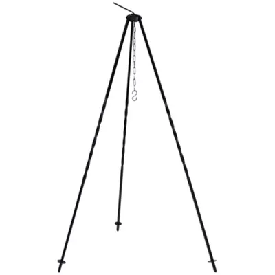 A black tripod with a chain and hook hanging from the top.