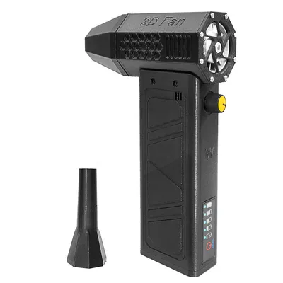 A black handheld turbojet fan and a black nozzle attachment are displayed against a white background.