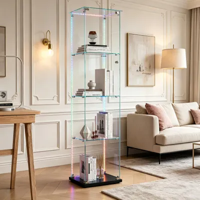 Obrázok produktu pre INONEFT Sklenené vitríny, stojace vitríny so 4 policami, vitrínová skrinka s LED osvetlením a zámkom, 1 dverami, stojaca sklenená vitrína do obývačky alebo spálne