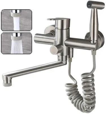 Produktbild von Küchenarmatur Wandmontage, 360° drehbar, 2 Wasserstrahlarten, Sprengpistole, einfache Installation, gebürstet Nickel