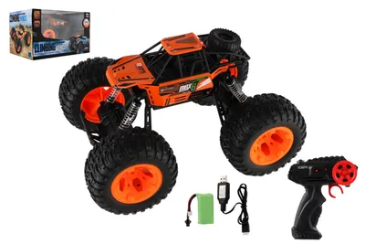 Zdjęcie produktu dla Samochód RC terenowy 2,4 GHz, plastikowy, 32 cm, zestaw akumulatorowy + bateria, pomarańczowy, w pudełku 38 x 23 x 26 cm
