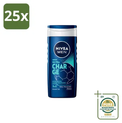 Obrázok produktu pre 25 kusov gélu na umývanie tela Nivea Men Ultra Charge 3 v 1 – 250 ml – balenie s rezervou – 25 kusov