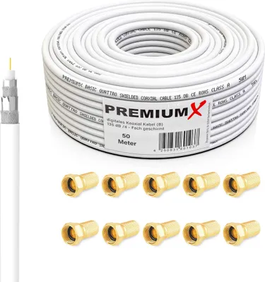 Produktbild von PremiumX 50m BASIC Koaxialkabel 135dB 4-fach SAT Koax Kabel 10x F-Stecker
