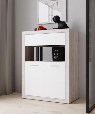 Produktbild von Forte BACCIO Schrank 90 100, modernes Highboard für Wohn-/Esszimmer, 4-türig, offenes Fach, Holzwerkstoff, Sandeiche Holzdekor|Weiß, 93 cm breit x 136,7 cm hoch x 51,7 cm tief
