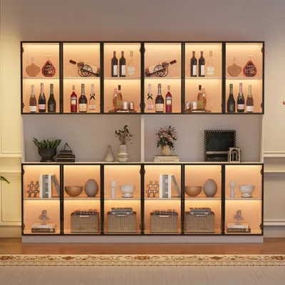 Produktbild von Vitrine 240 x 34 x 200 cm mit 12 Glastüren, Soft-Close-Scharnieren, App-LED, Kippsicherung und 30 kg Tragfähigkeit, Weiß