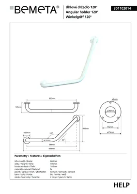 Produktbild von Duschhandlauf, Stützgriff abgewinkelt, Sicherheitsgriff Haltegriff, 120° 400/400mm, weiß