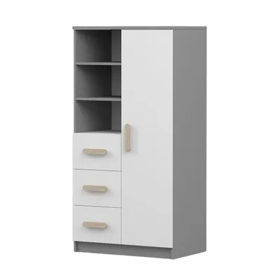 Produktbild von Kinder-Bücherregal Jonas 05 – 80 cm, Grau/Weiß mit Sonoma Griffen, 3 Schubladen & 1 Tür