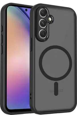 A black phone case with a translucent back is shown on a light gray background. The phone is partially visible inside the case.