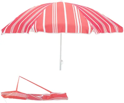 A striped beach umbrella and its carrying bag are shown against a white background.