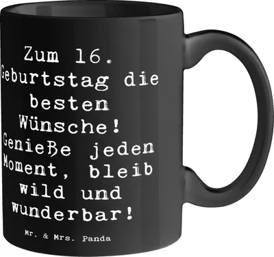 Produktbild von Mr. & Mrs. Panda Tasse Spruch 16. Geburtstag Glück - Schwarz - Geschenk, Happy Birthday, Teetasse, Kaffeetasse, Pott, Alter, haferl, Kaffeebecher, Geburtstagsgeschenk