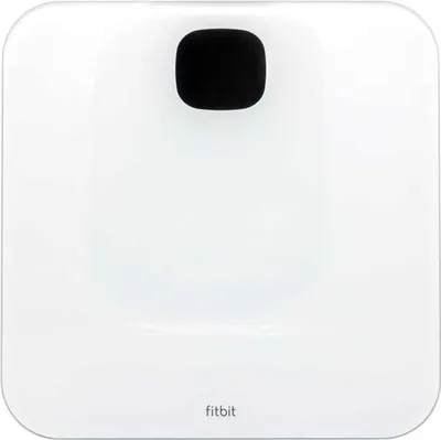 A top-down view of a white Fitbit Aria Air smart scale on a white background.