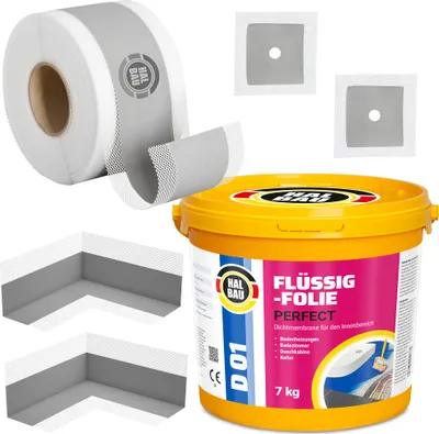 Produktbild von Dichtset Flüssigfolie 7Kg Dichtband 10m Dichtecken Manschetten Dusche Bad H16