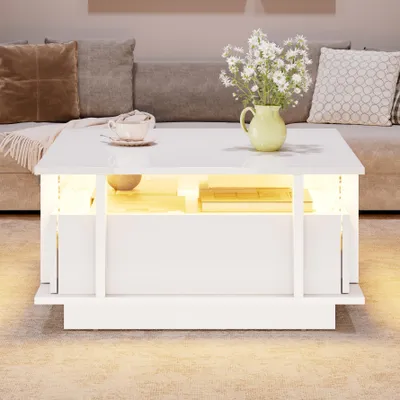 Obrázok produktu pre Konferenčný stolík, 70 x 70 x 35 cm, 100% drevotrieska, biela farba, štvorcová doska, s 2 zásuvkami a LED osvetlením