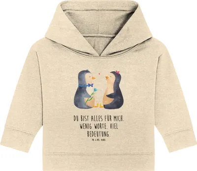Produktbild von Mr. & Mrs. Panda Organic Baby Hoodie Pinguin Pärchen 12. - 18. Monat - Natural Raw - Geschenk, Hochzeit, Hochzeitstag, Liebe, Kapuzenshirt, Kapuzensweatshirt