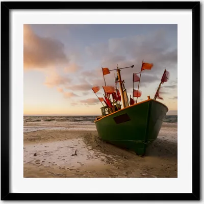 Produktbild von Bild - 50 cm x 50 cm - MDF - Rahmen, Wandkunst - Fischerboot Strand