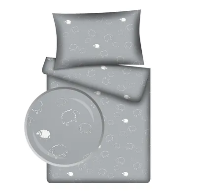 Produktbild von KiGATEX Kinderbettwäsche 100x135 "Schafe weiß/grau" – 2-teilig mit Reißverschluss – 100?% Baumwolle – Decke + Kissen – weich & atmungsaktiv – waschbar