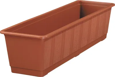 A terracotta-colored plastic planter box with a wood-like texture.