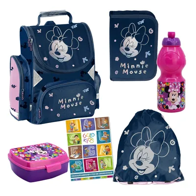 Obrázek produktu pro Školní aktovky pro chlapce a dívky, sada 6 kusů - školní batoh pro děti s penálem - taškou na boty, lahví na pití a krabičkou na svačinu - Minnie
