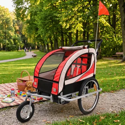 Zdjęcie produktu dla Przyczepka rowerowa z amortyzatorem 2-osobowa obrotowa +jogger czerwona