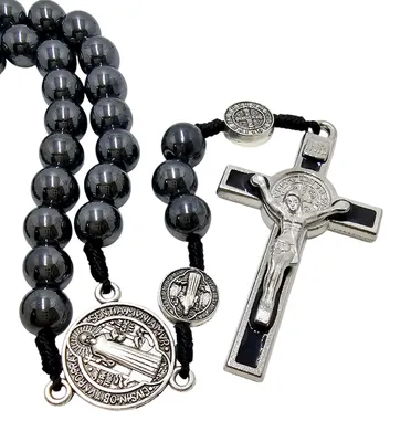 Produktbild von Rosenkranz aus Hämatit mit St. Benedikt Medaille 38 cm Gebetskette