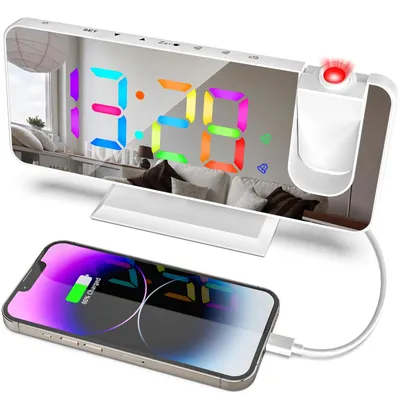 Projektionswecker RGB LED, Doppelalarm, USB, 180° Projektion, weiß