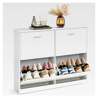 Produktbild von Schuhschrank mit 4 Klappen, Schuhkipper, Schuhregal, Schuhaufbewahrung, verstellbare Trennwand, für 16-28 Paar Schuhe, Flur, 24 x 105,5 x 82,7 cm, schneeweiß