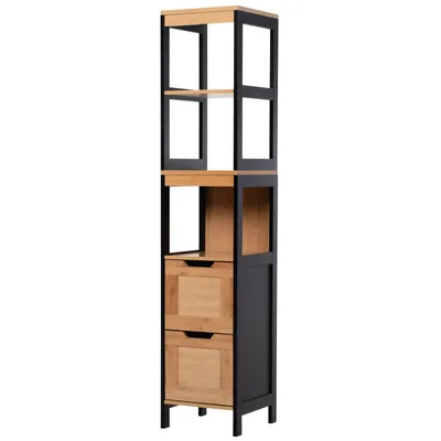 Image de HOMCOM Meuble Colonne Rangement Salle de Bain Style Cosy dim. 30L x 30l x 144H cm 3 étagères 2 tiroirs Bambou Noir