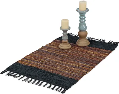 Obrázek produktu pro Relaxdays patchworkový koberec, 60 x 110 cm, bavlna a kůže, chodník s třásněmi, protiskluzový, patchworkový koberec, hnědý