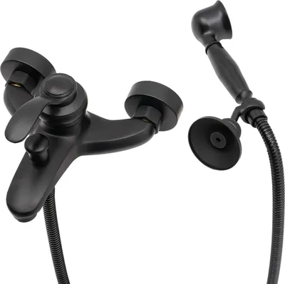 A black bathtub faucet and showerhead set against a white background.
