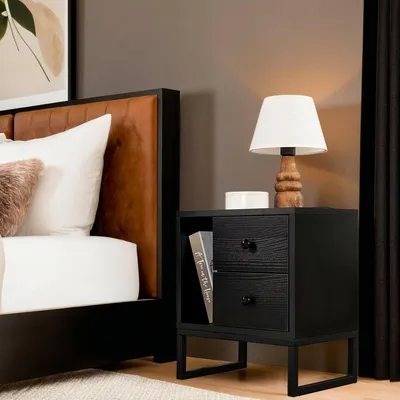 Image de Rhiannon - Table de nuit, 45x30x50 cm Noir, 2 Tiroirs
