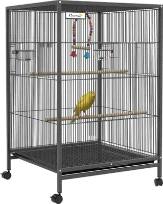Obrázek produktu pro Klec pro ptáky - S kolečky - Nerezová ocel - 48 x 64 x 74 cm - Krmné misky a bidýlka - Šedá barva