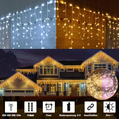 Produktbild von 400LED 10m Eisregen Lichterkette Warmweiß + Karmweiß 31V Lichtervorhang Party Weihnachtsbeleuchtung 11Modi Timer Fernbedienung Weihnachtsdeko