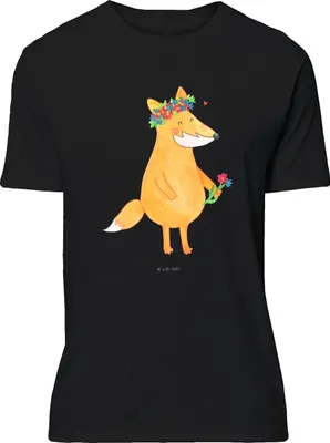 Produktbild von Mr. & Mrs. Panda T-Shirt Fuchs Blumen - Schwarz - Geschenk, Freude, Statement-Shirt, oberteil, Boho, Blumenliebe, Lustiges, Blume, S, Tshirt